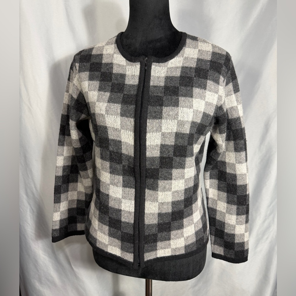 Talbots Made in Italy Merino Wool Blend Zip Front Black Gray Block Sweater Sz S